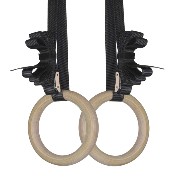 Scratch and Dent - 28mm Wood Olympic Gymnastic Rings - 1.5" W Heavy Duty Thick Straps & Buckle - FINAL SALE