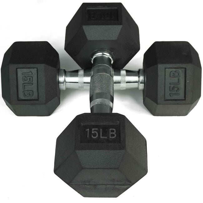 Scratch and Dent, Pair of 15 lb Black Rubber Coated Hex Dumbbells