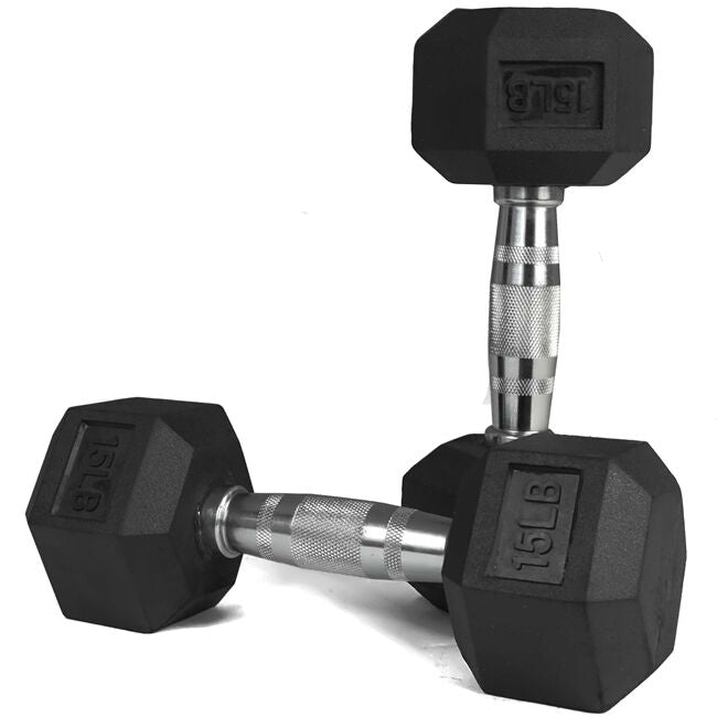 Scratch and Dent, Pair of 15 lb Black Rubber Coated Hex Dumbbells