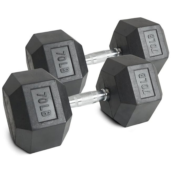 70 LB Rubber Hex Dumbbells