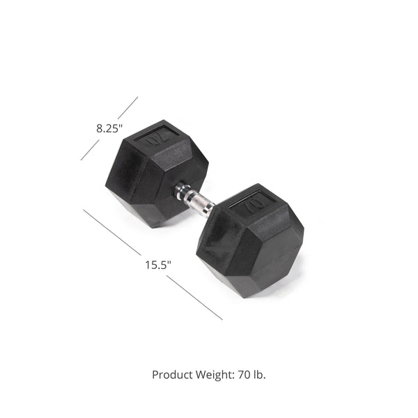 SCRATCH AND DENT - 70 LB Rubber Hex Dumbbell - Single - FINAL SALE