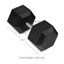 Scratch and Dent, 120 LB Straight Stainless Steel Hex Dumbbell - Single