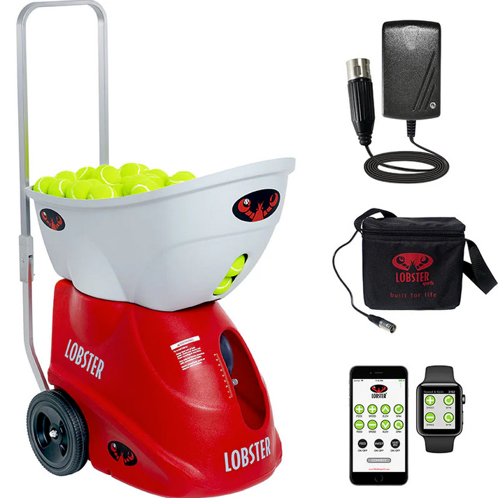 Lobster Elite Two Tennis Ball Machine with external battery and wifi remote