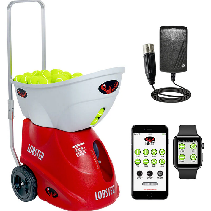 Lobster Elite Two Tennis Ball Machine with internal battery and 10 function wifi remote