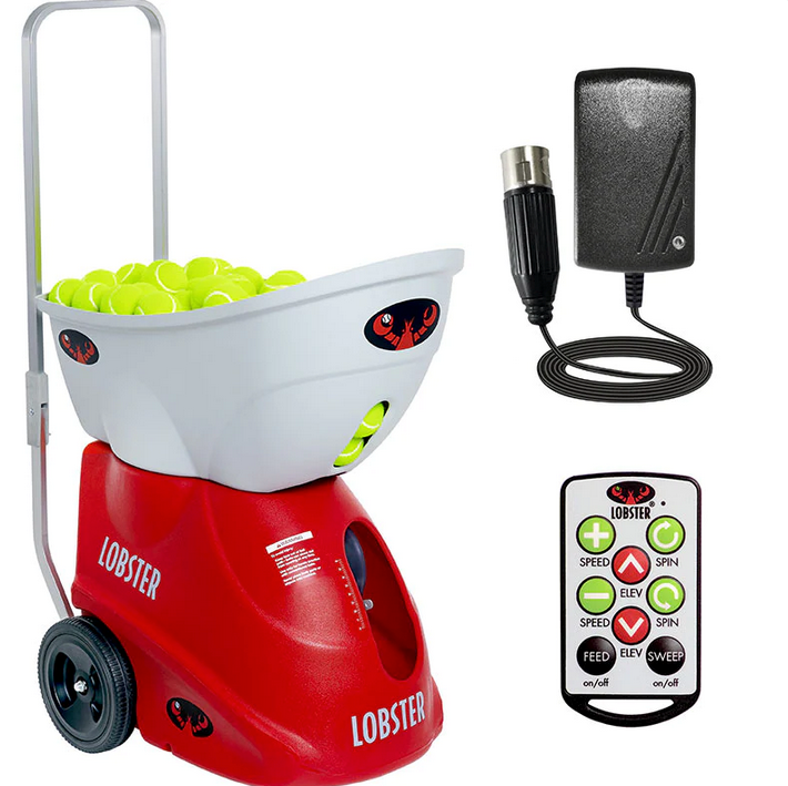 Lobster Elite Three Tennis Ball Machine with internal battery and 10 function remote